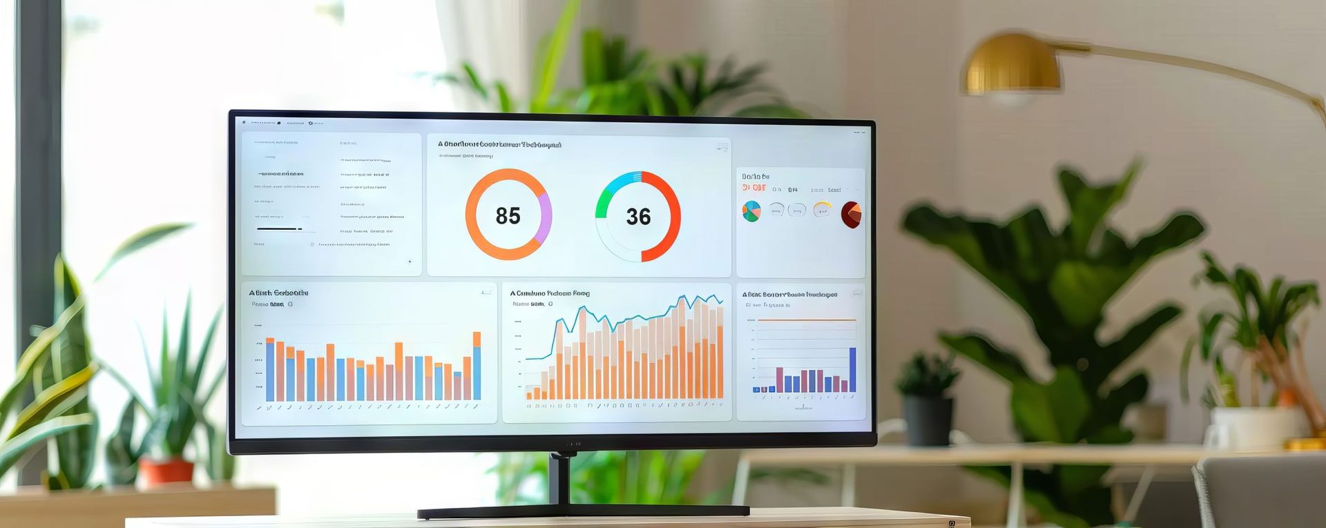 Écran large affichant un tableau de bord avec graphiques et indicateurs